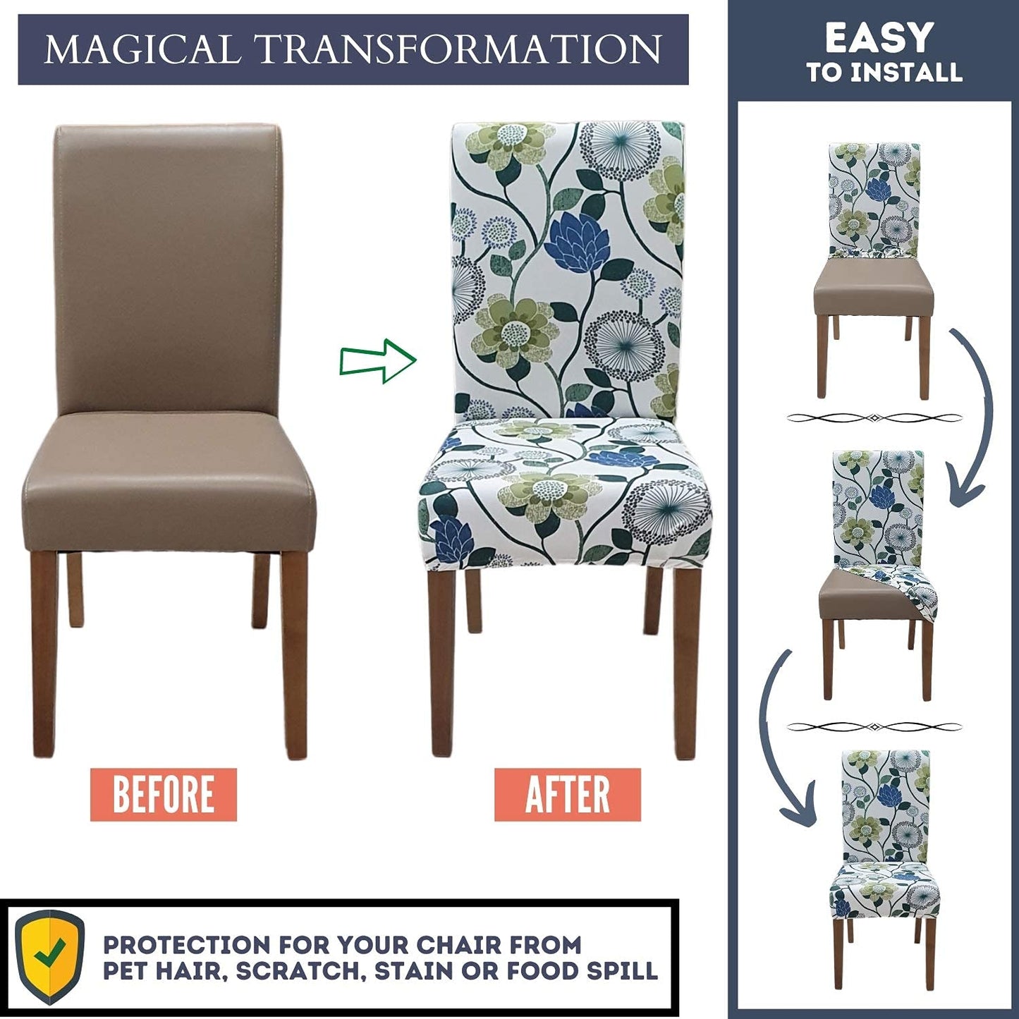 SPRINGRICO White Chair Covers for Dining Room Set of 4, Stretch Floral Dining Chair Cover, Washable Spandex Kitchen Parsons Chair Slipcovers, Seat Protector for Home or Party (4 Pack, FLORAL3)