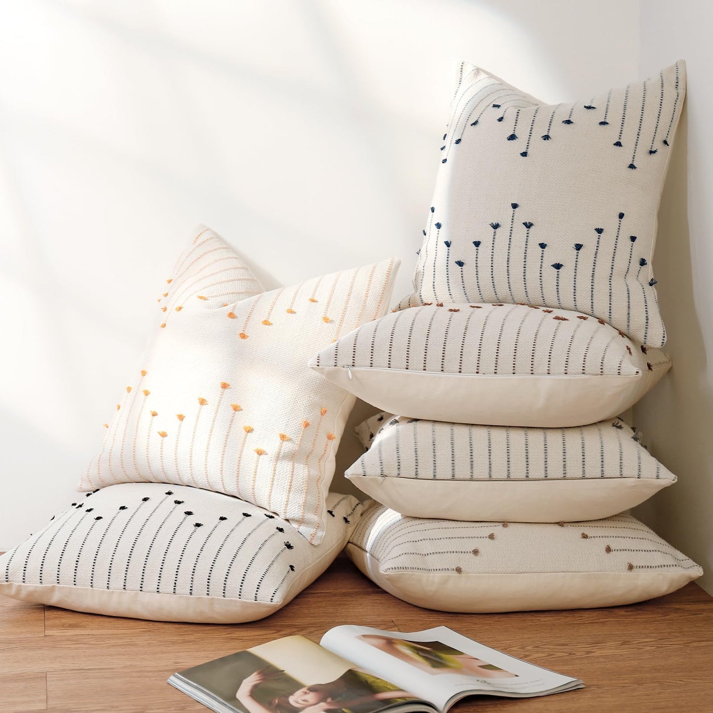 Boho Spring Throw Pillow Covers 18x18 Set of 2 Neutral Woven Decorative Pillowcases Cotton Tufted Couch Pillows Modern Farmhouse Cushion Covers for Sofa Couch Bed Living Room Home Decor, Navy Blue