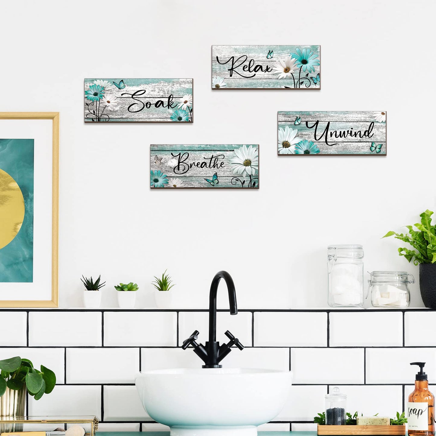Sunnyray 4 Pcs Farmhouse Bathroom Wall Decor Sign Spring Daisy Tulip Flowers and Butterfly Bathroom Wall Art Relax Soak Unwind Breathe Rustic Wood Plaque Decor(10 x 4 Inch,Turquoise)
