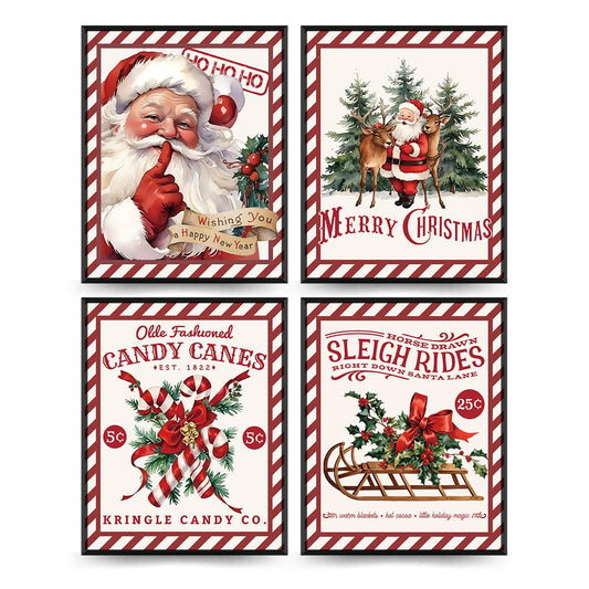 PLKMN Vintage Christmas Decor, Christmas Wall Art Prints Set of 4, Retro Christmas Santa Claus Wall Art Decor for Gallery Living Room Bathroom, 8x10 (Unframed)
