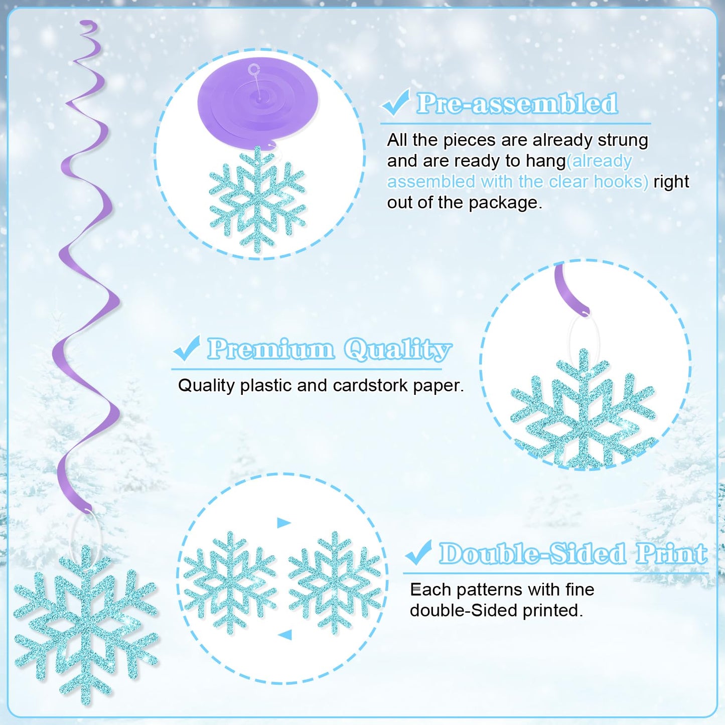 Snowflake Hanging Decorations, Winter Party Hanging Swirls Ceiling Streamers Purple Blue White Glitter Snowflakes Garland for Winter Wonderland Baby Shower Birthday Christmas Party Decorations