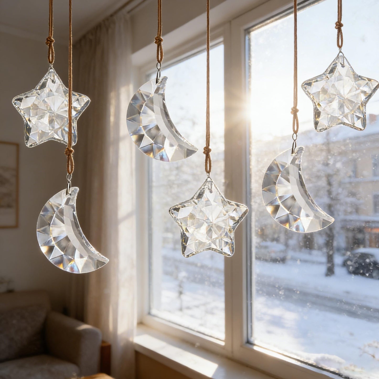 LOULIQIGIFT 6pcs Clear Crystal Star and Half Moon Prisms Ornaments Faceted Glass Hanging Ornaments for Home Garden Window Wedding Party Decor