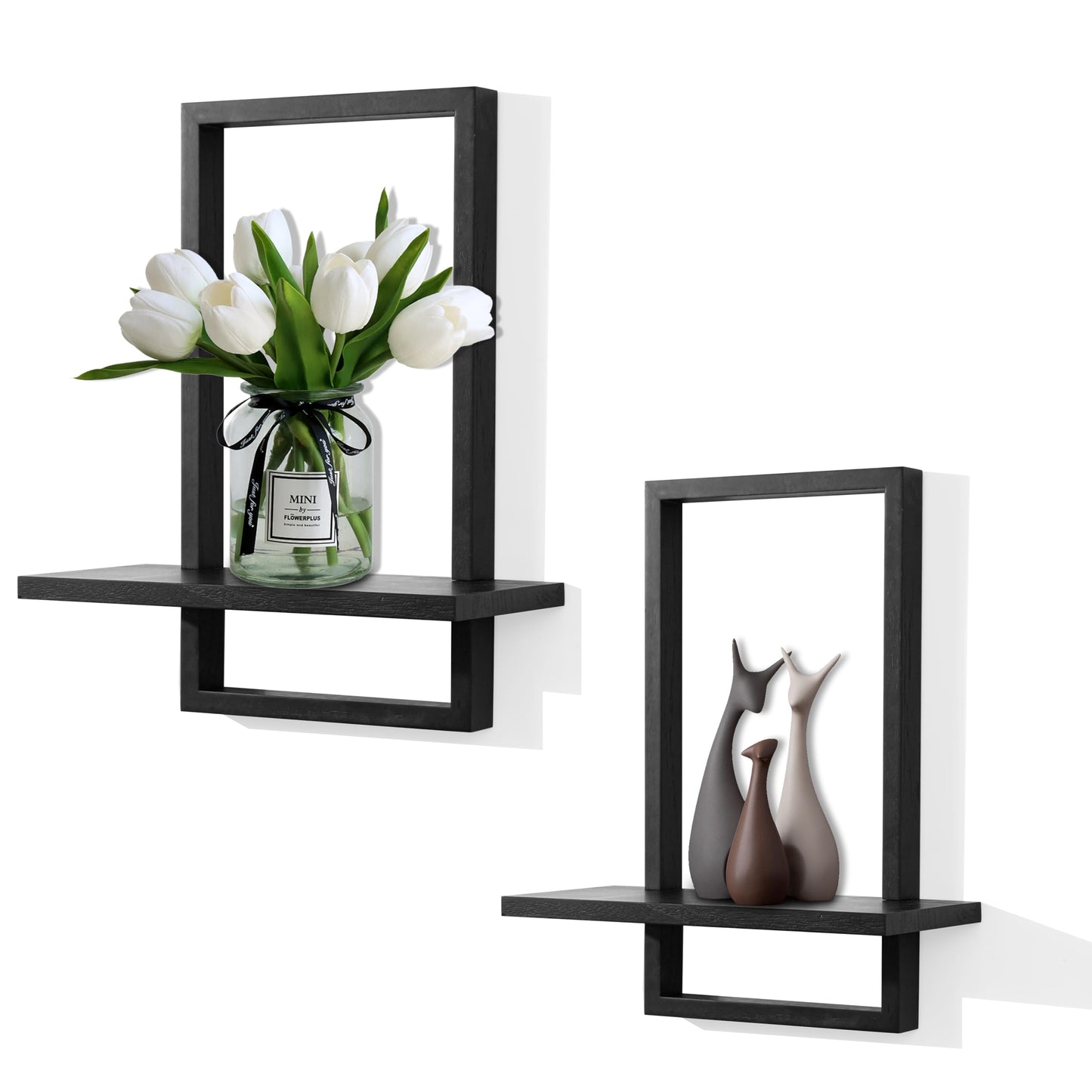 PHOENANCEE Square Floating Shelves,Wall Plants Holder,Bathroom Wall Decor,Framed Decorative Shelf Black,Modern Chic Set of 2 for Living Room Bedroom Home Office,Soild Wood,L+S