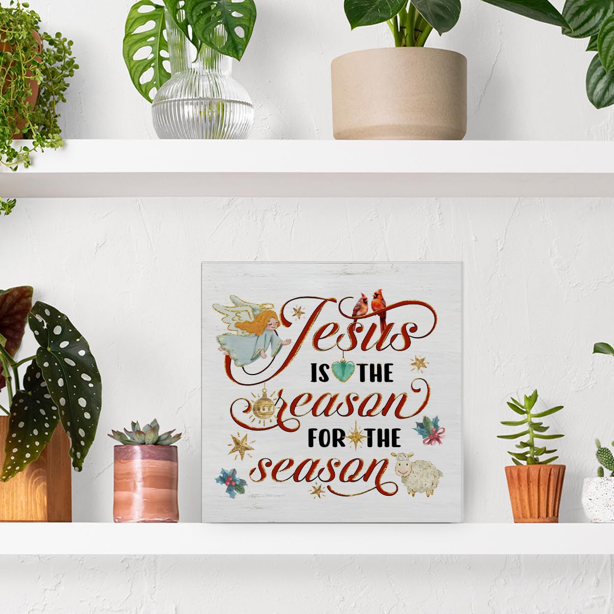 Jesus Cardinal Wooden Plaque Sign - Christian Christmas Decoration, Desk Decor 5 X 5 Inches