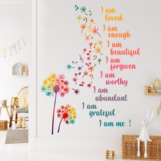 XUOIAYNB Colorful Dandelion Wall Stickers, Motivational Quote I Am Affirmation Vinyl Wall Decals, Removable Dandelion Flying Musical Note DIY Wall Art for Kids Bedroom Office Classroom Decor
