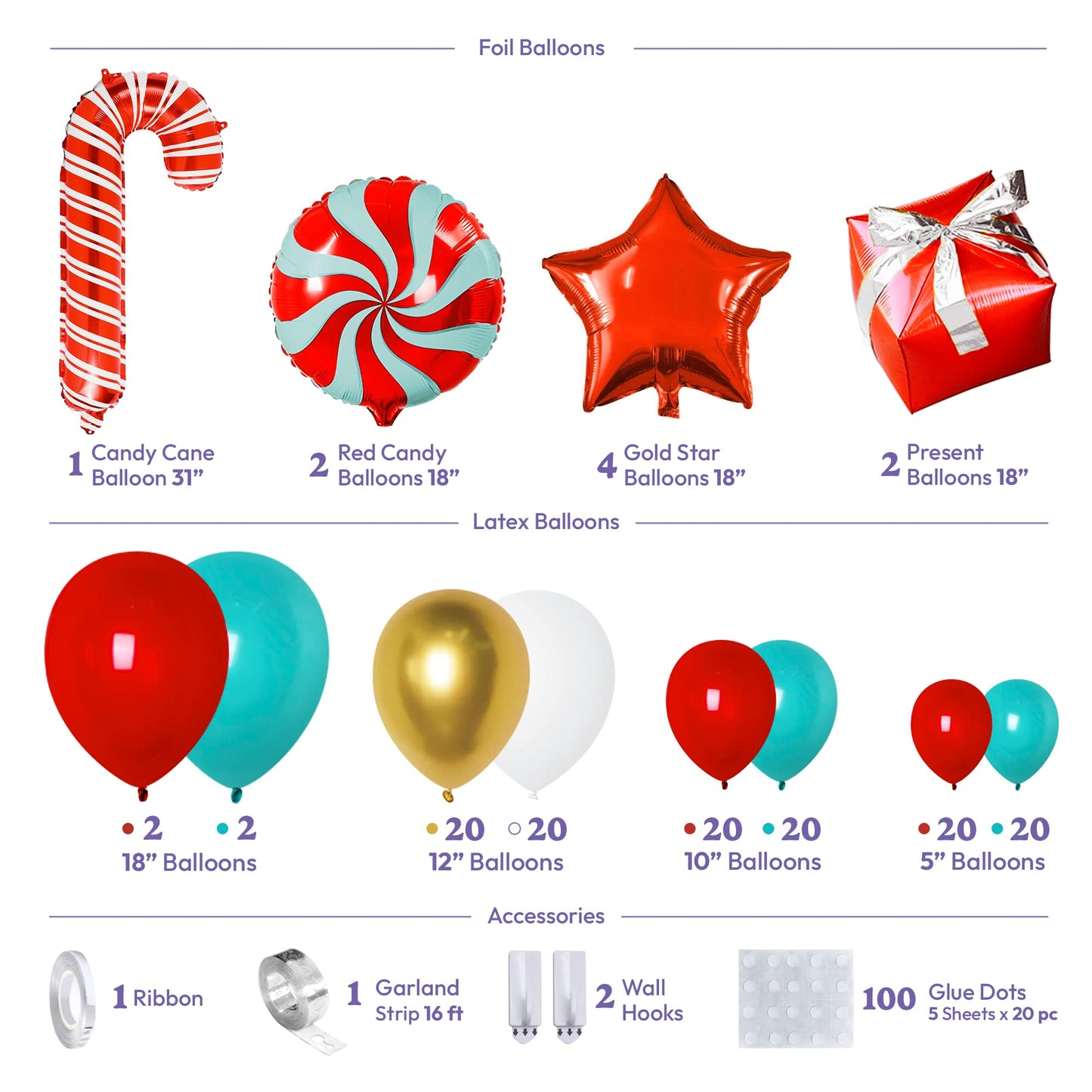 HOUSE OF PARTY Christmas Balloons Arch Kit - Christmas Balloons Decorations Red, Teal, White with Candy Cane | Mylar Balloons with Candy Cane for Xmas Decoration