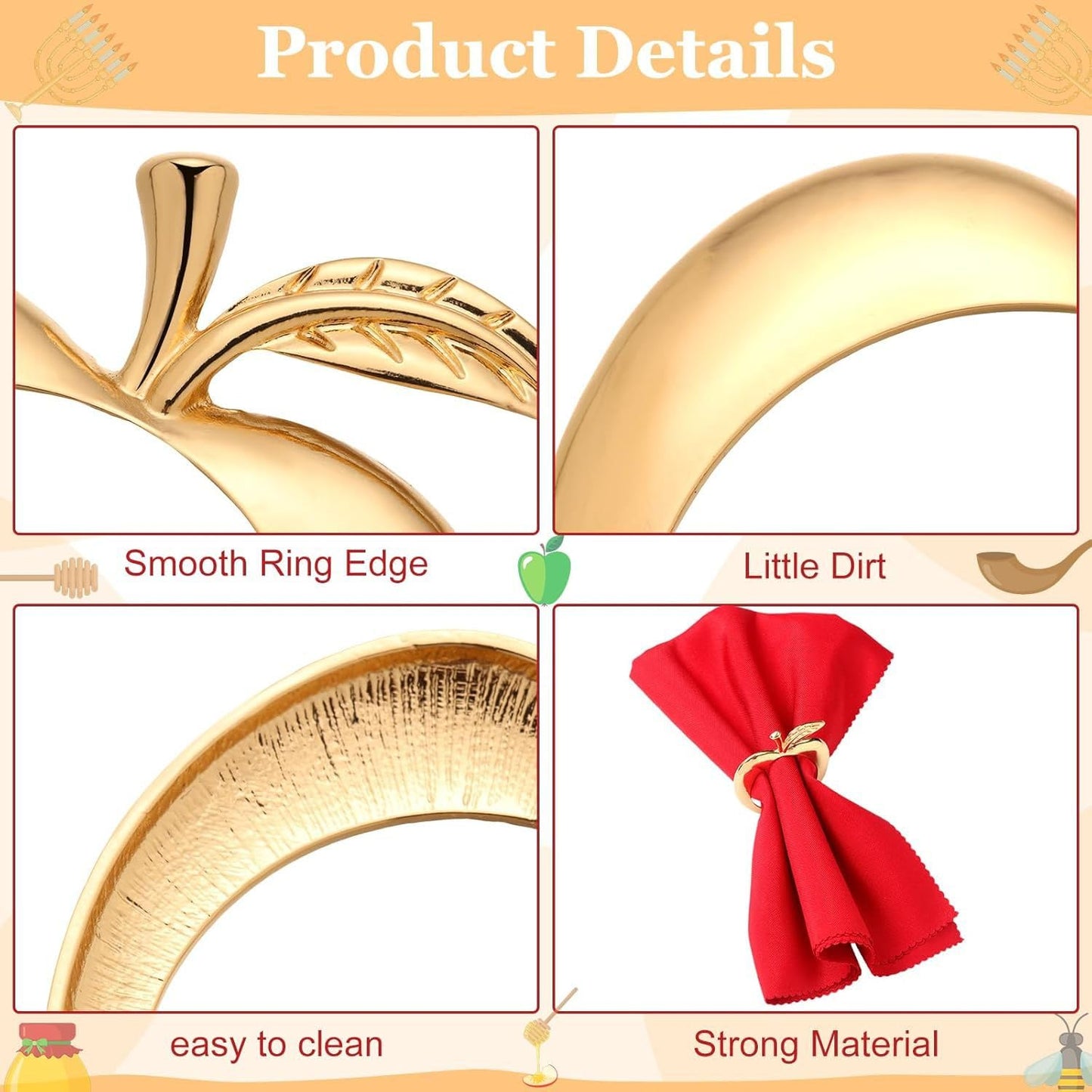 Exquisite Apple-Shaped Napkin Rings with Leaf and stem - Elegant rosh hashanah Table Decor for Formal Dinners and Holiday Celebrations - Set of Polished Metal Rings for Napkins (12, Gold Apple)