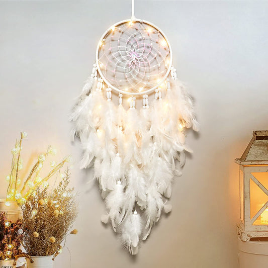 Dremisland White Feathers Dream Catcher Wall Hanging Elegant Wall Art Room Decoration for Windows Balcony Bedroom Wedding Party Gift for Girls and Kids (with Lights)
