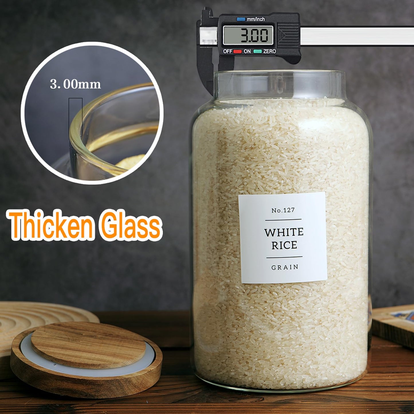 CZHQSMZ Set of 2 Large Glass Jar with Airtight Acacia Lid and 132 Kitchen Pantry Labels, Clear Glass Food Storage Jars Containers for Rice Flour Pasta Sugar Coffee Cookie and More(98 Fl Oz/2800 Ml)