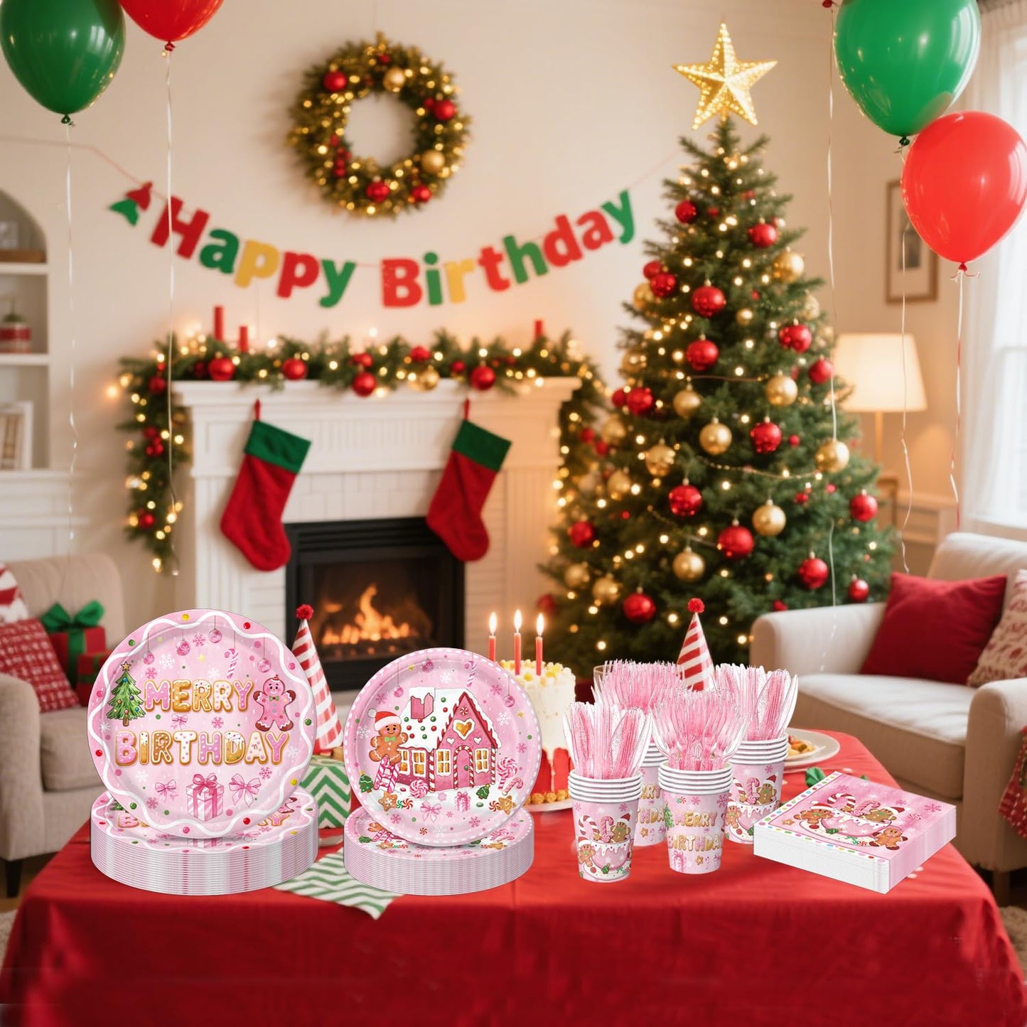 Oigco 120 Pcs Gingerbread Christmas Birthday Party Decorations, Includes Plates, Napkins, Cups, Cutlery for Gingerbread Christmas Party Decorations, Serves 20