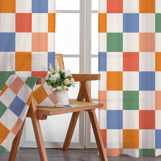 Colorful Checkered Curtains for Bedroom,Rod Pocket 60s 70s Semi Sheer Curtains Farmhouse Retro Checkerboard Light Filtering Drapes for Living Room,Set of 2 Window Curtain Panels,52 x 84 Inch