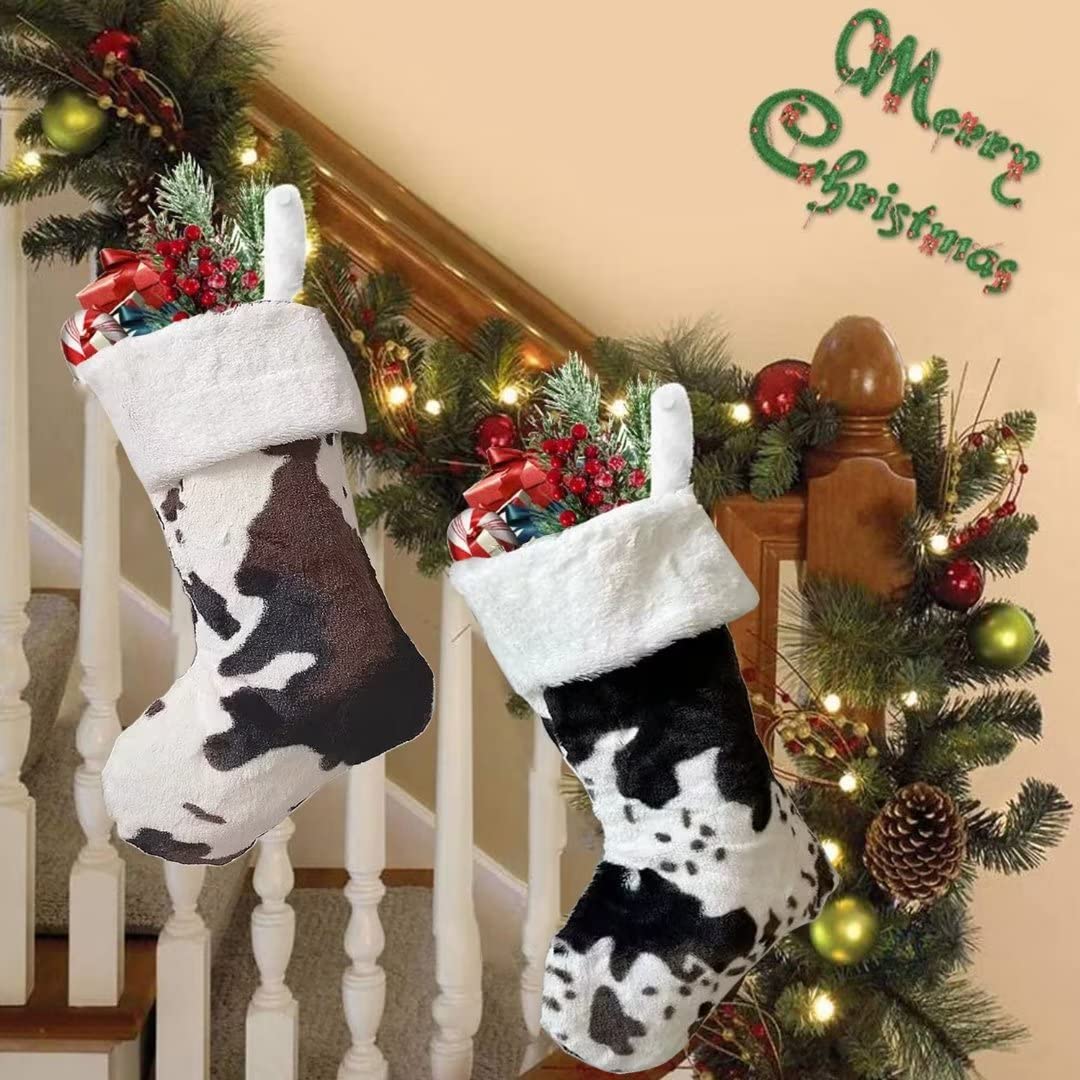 OLLULL Christmas Stockings, Cow Faux Fur Large Xmas Stockings Hanging Ornaments 2 Pack 20 Inch