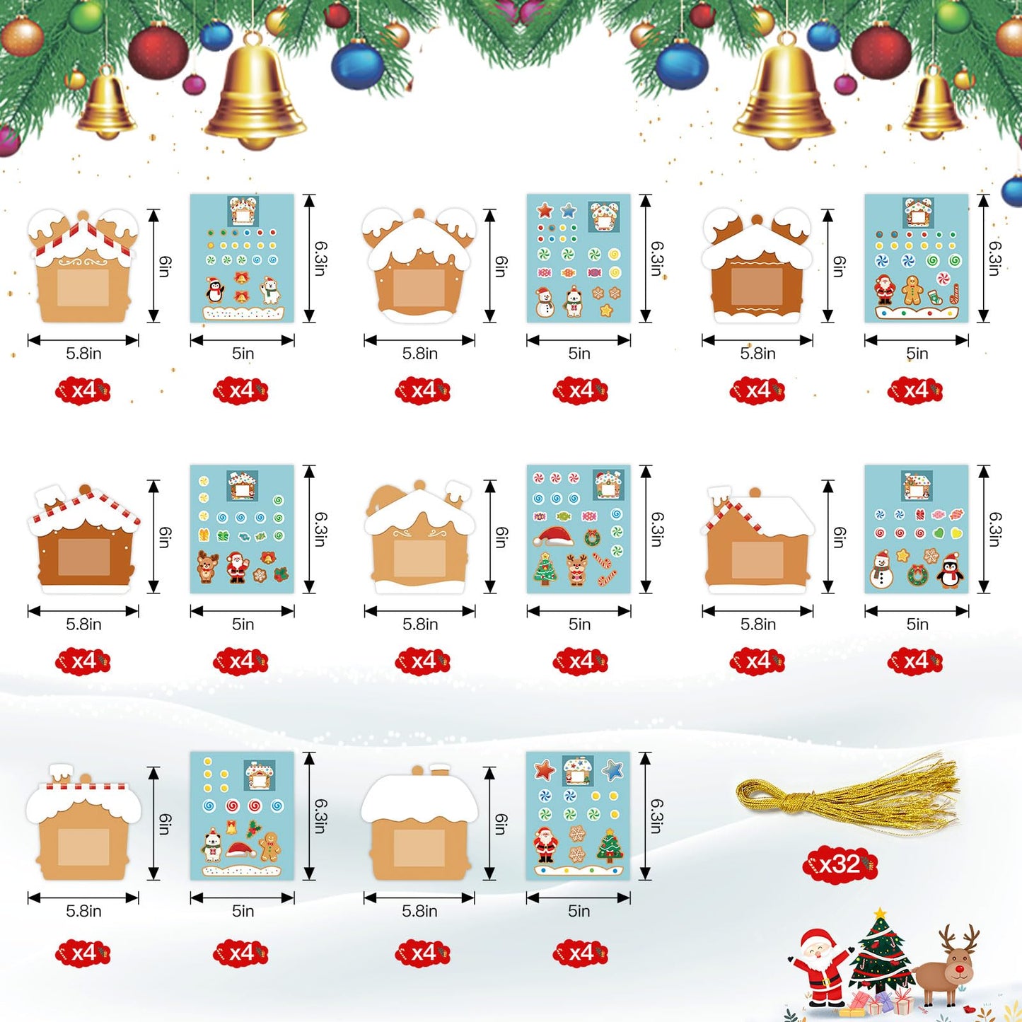 KOYILTD 32 Sets Christmas DIY Picture Frame Crafts Gingerbread Hanging Ornaments Kits for Christmas Tree Funny Christmas Picture Frame Kits Home Class Party Game Activities (Candy 1)