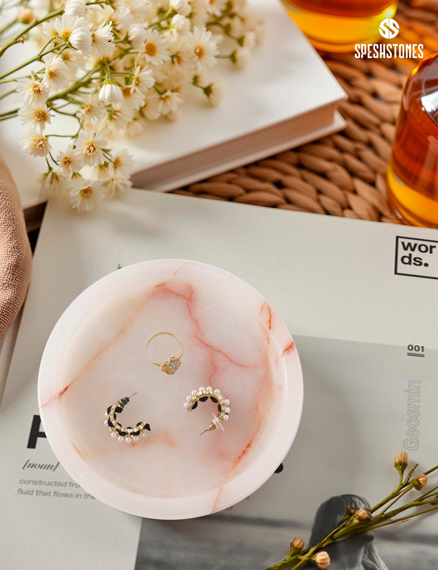 SPESHSTONES Marble Jewelry Dish Ring Holder for Women 5 Inch Round Cream Onyx Stone Tray, Marble Ring Dish, Trinket Dish & Jewelry Tray for Vanity, Nightstand & Bathroom, Engagement Gift Idea for Her