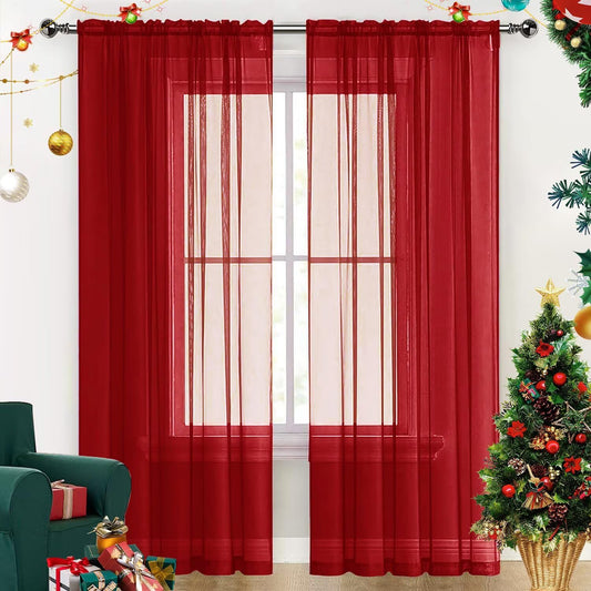 SpaceDresser Sheer Voile Window Treatment Rod Pocket Curtain Panels for Kitchen Bedroom Living Room Drapes Sunlight Filtering Privacy Semi Home Decor Assorted Colors Sizes (Christmas Red, 52 W x 84 L)