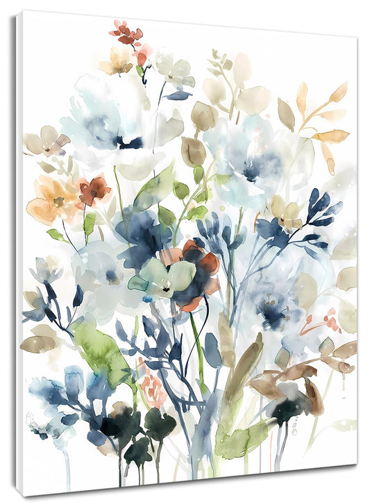 EOBTAIN Watercolor Floral Canvas Wall Art Blue Watercolor Flower and Green Leaf Nature Botanical Art Wall Decor for Living Room Bathroom Bedroom Rustic Plant Picture Wall Decor Framed Wall Art,12x16 Inches