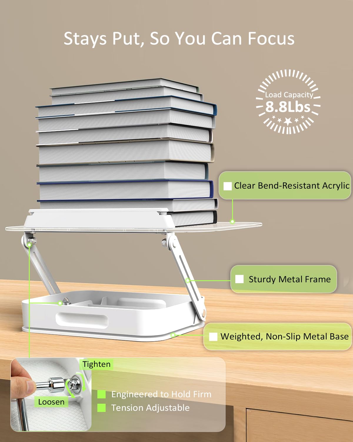 Lifcozy Book Stand for Reading, Acrylic Adjustable Book Holder with Book Page Holder, 360°Cookbook Stand with Storage for Kitchen Counter, Hands Free Recipe Book Holder for Textbook Cookbook, Clear