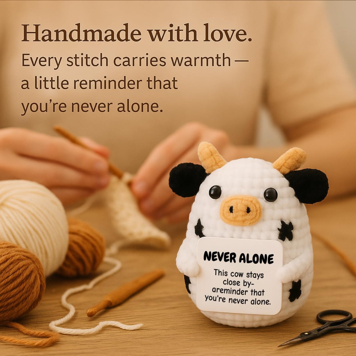 DEYBA Handmade Crochet Cow Plush with Message Card – Soft Knitted Comfort Gift, A Heartfelt Symbol of Love, Friendship & Support for Someone Special