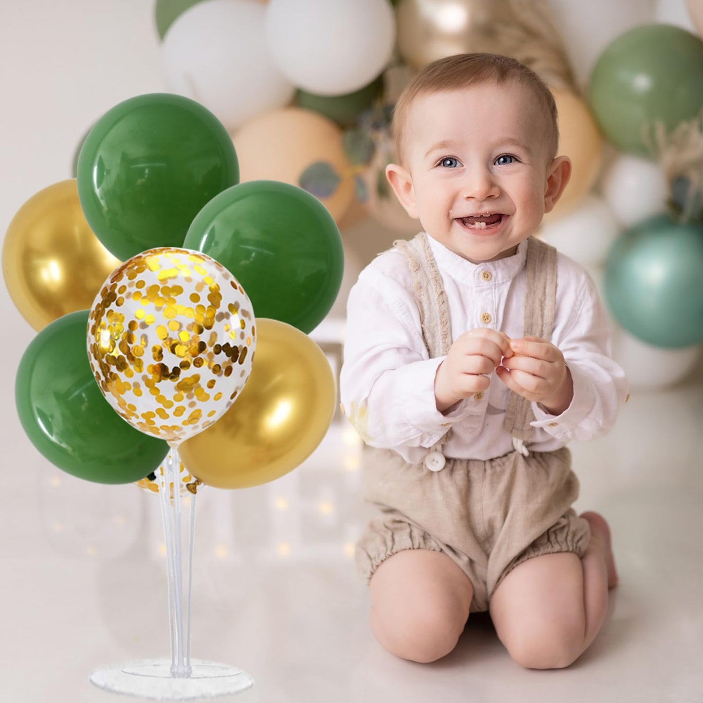 TONIFUL Sage Green and Gold Balloon Centerpieces for Table,Balloon Stand Centerpiece Table Decorations for Birthday,Baby Shower,St. Patrick's Day,Easter,Christmas,Woodland Party Decorations (4 Set)