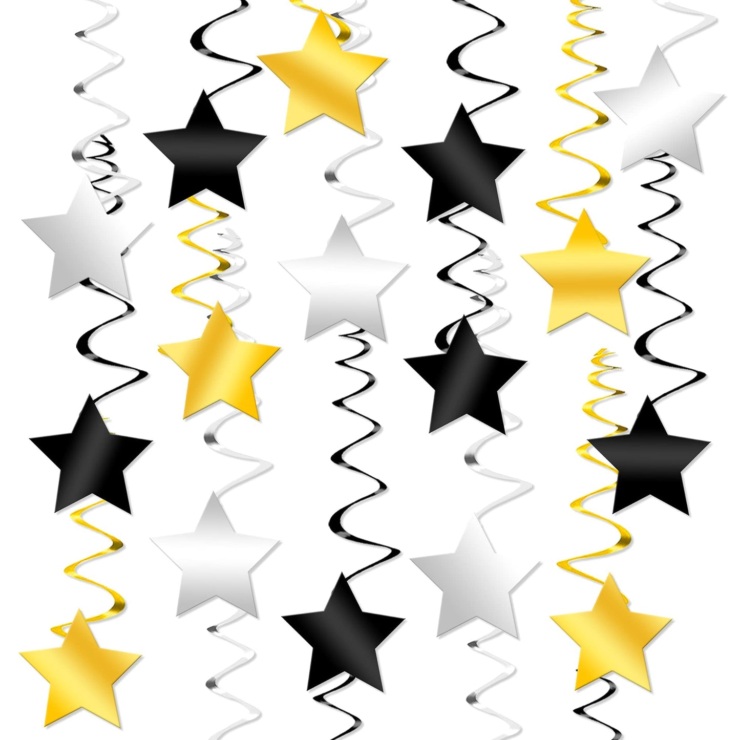 KatchOn, Black Gold and Silver Star Hanging Swirls- Pack of 30, No DIY | Star Ceiling Decorations for Birthday Decorations | Hanging Star Swirls for Graduation Decorations 2026, Bachelorette Party