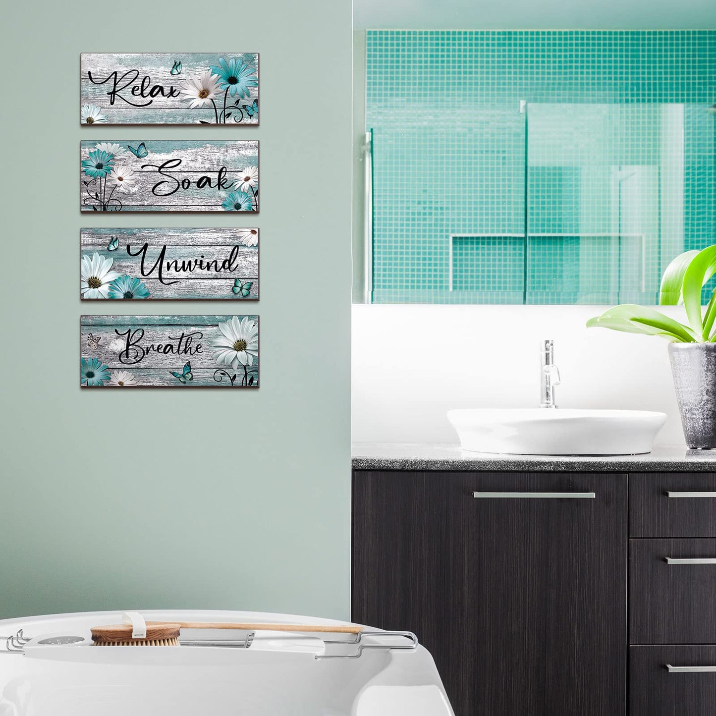 Sunnyray 4 Pcs Farmhouse Bathroom Wall Decor Sign Spring Daisy Tulip Flowers and Butterfly Bathroom Wall Art Relax Soak Unwind Breathe Rustic Wood Plaque Decor(10 x 4 Inch,Turquoise)