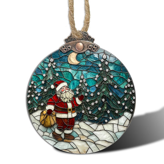 AMDERVEN Stained Glass Christmas Decorations, Santa Claus Giving Gifts Suncatcher for Window Christmas Tree Hanging Ornaments Snow Scene Sun Catcher Xmas Decor Gifts for Women Men Mom Nana Friend