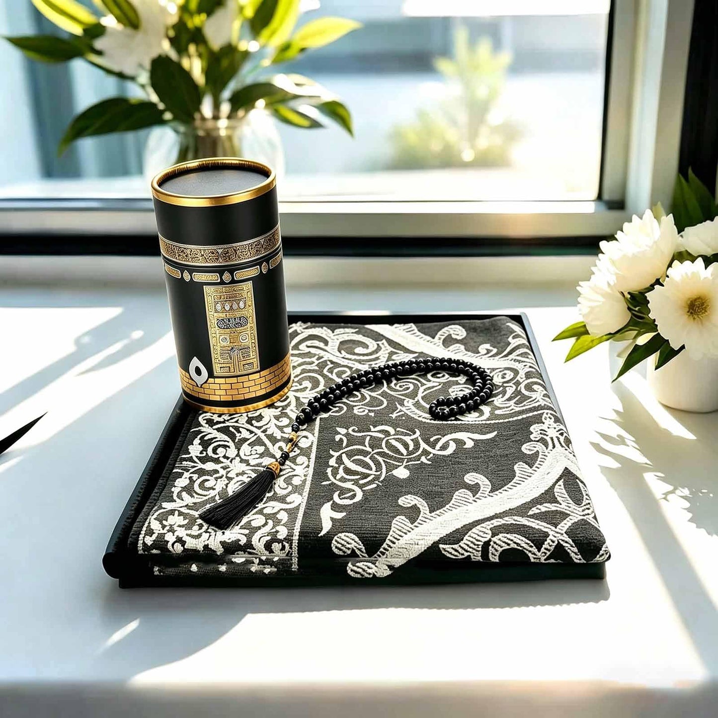 Muslim Prayer Rug and Prayer Beads with Gift Box, Soft Islamic Prayer Mat, Islamic Gifts Set, Prayer Carpet Mat, Sajadah/Janamaaz/Seccade (Black)