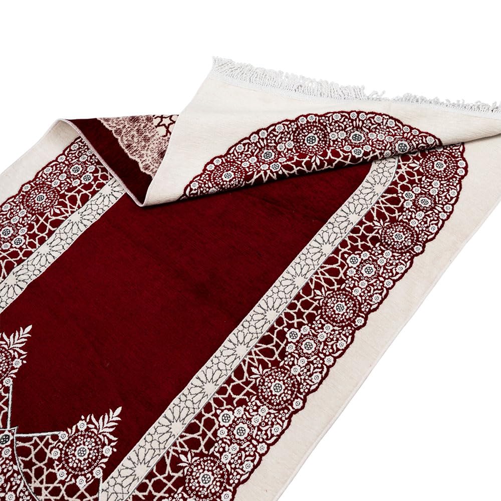 East West Souk Premium Velvet Islamic Prayer Rug – Classic Mihrab Design | Soft, Elegant & Travel-Friendly (Burgundy)