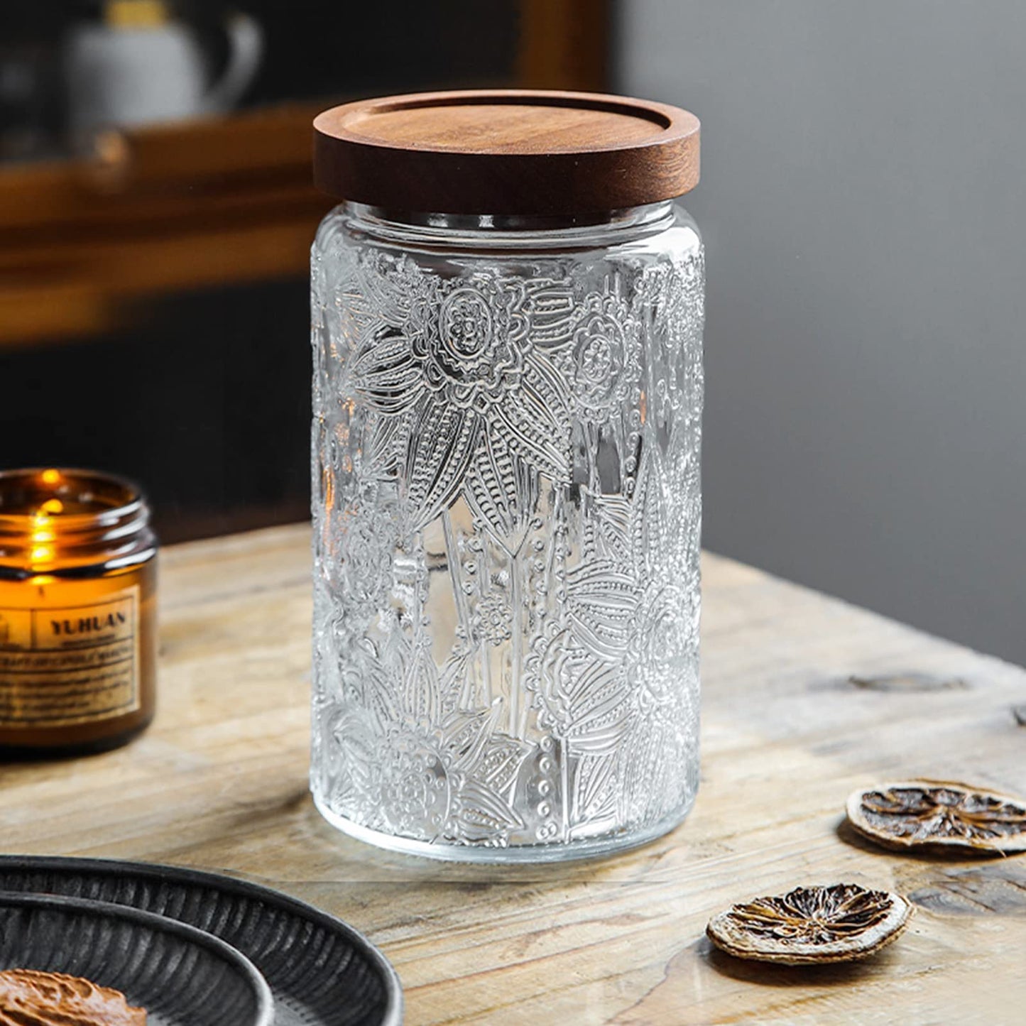 LODIKE 35oz/1000ml Glass Storage Jars with Nature Wood Lids, Airtight Food Storage Containers for Kitchen Organization, Large Capacity for Cookie, Pasta, Sugar, Flour, Cereal - Set of 2 （sunflower）