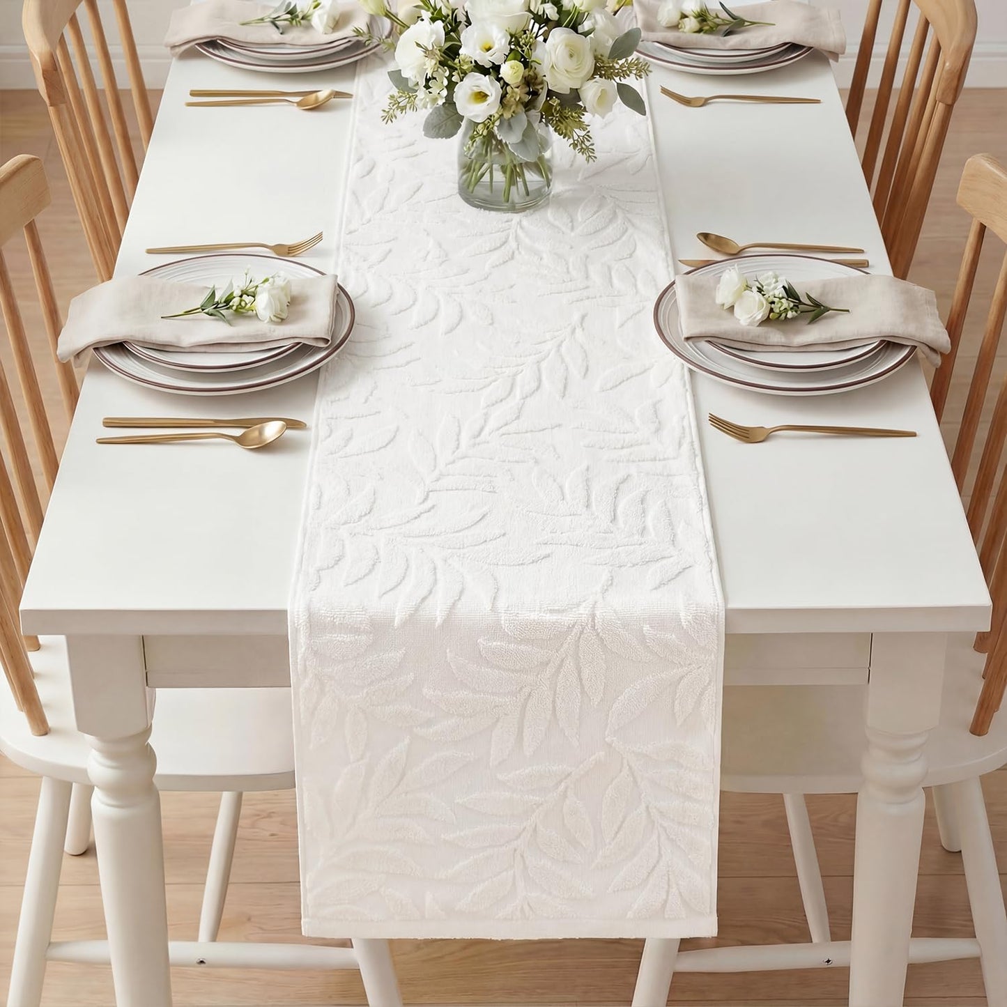 Artoid Mode White Soft Cotton Jacquard Leaves Spring Table Runner, Holiday Kitchen Dining Table Decoration for Home Party Decor 13x72 Inch