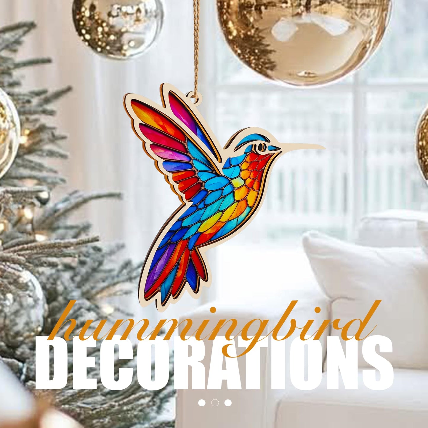 Hummingbird Christmas Ornament, Hummingbird Gifts,Stained Glass Window Hanging Gift for Women, Wood & Acrylic Memorial Keepsake for Christmas Tree, Home Decor (Burlywood)