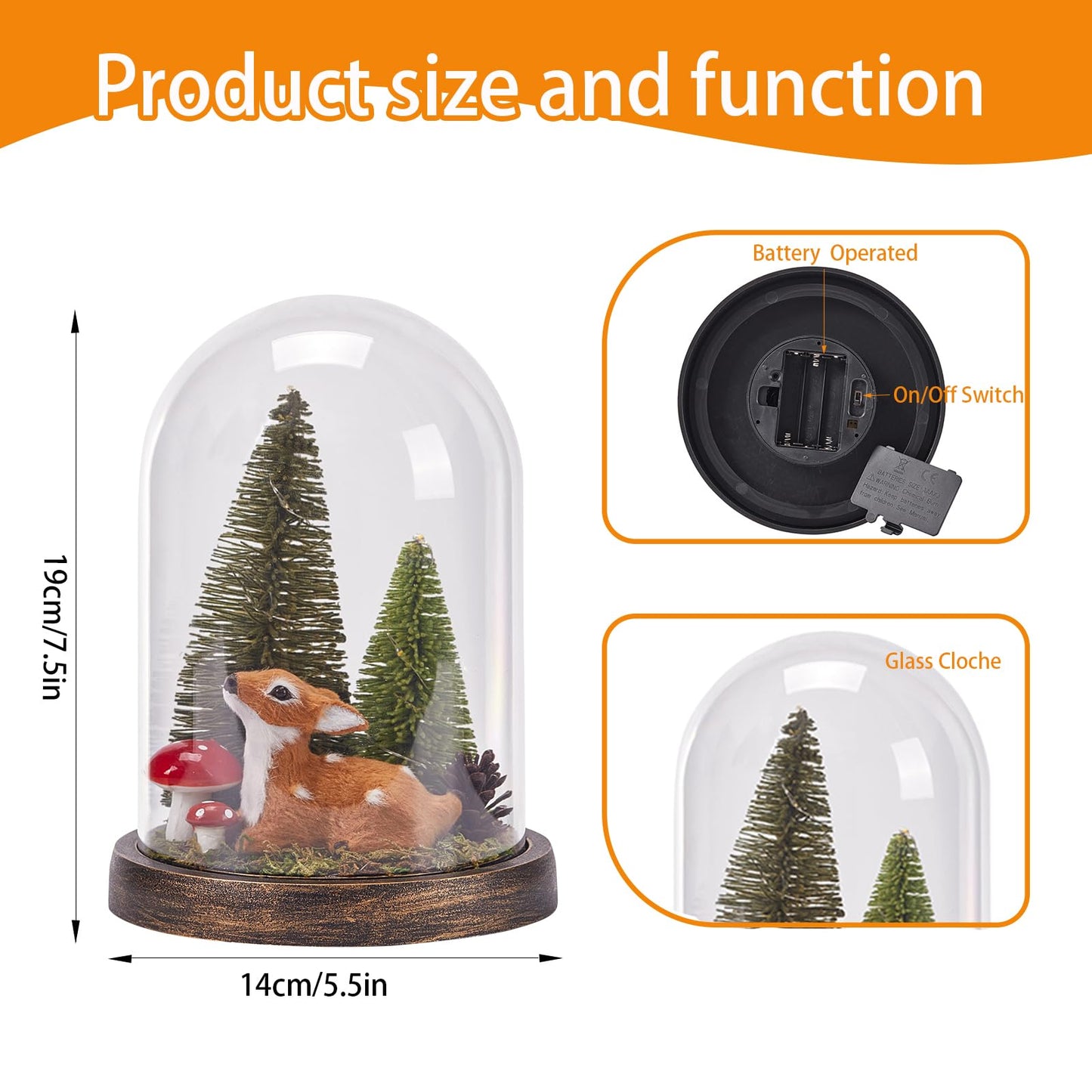 SunArtHome Christmas Decorations Indoor, Light Up Christmas Decor, Christmas Tree, Deer, Mushroom in Plastic Dome Cloche, Miniature Decor for Holiday Party Family Table Decoration