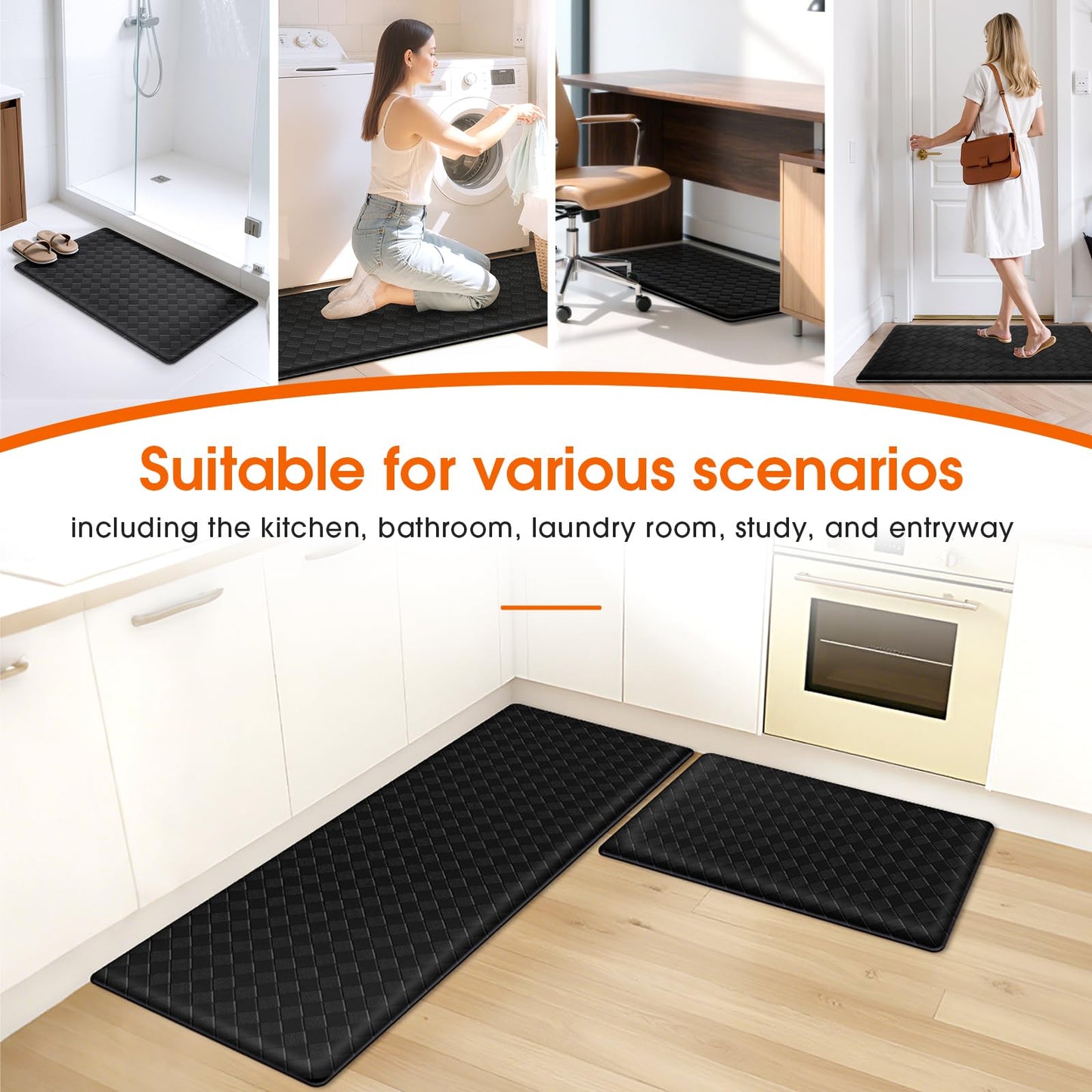 TranquilRelax Kitchen Mats, 2PCS Kitchen Rugs, Cushioned Anti Fatigue Kitchen Mats for Floor, Non-Slip Standing Sink Mat, Waterproof Kitchen Rug Set for Kitchen Floor Office,17.3"×30"+17.3"×47" Black