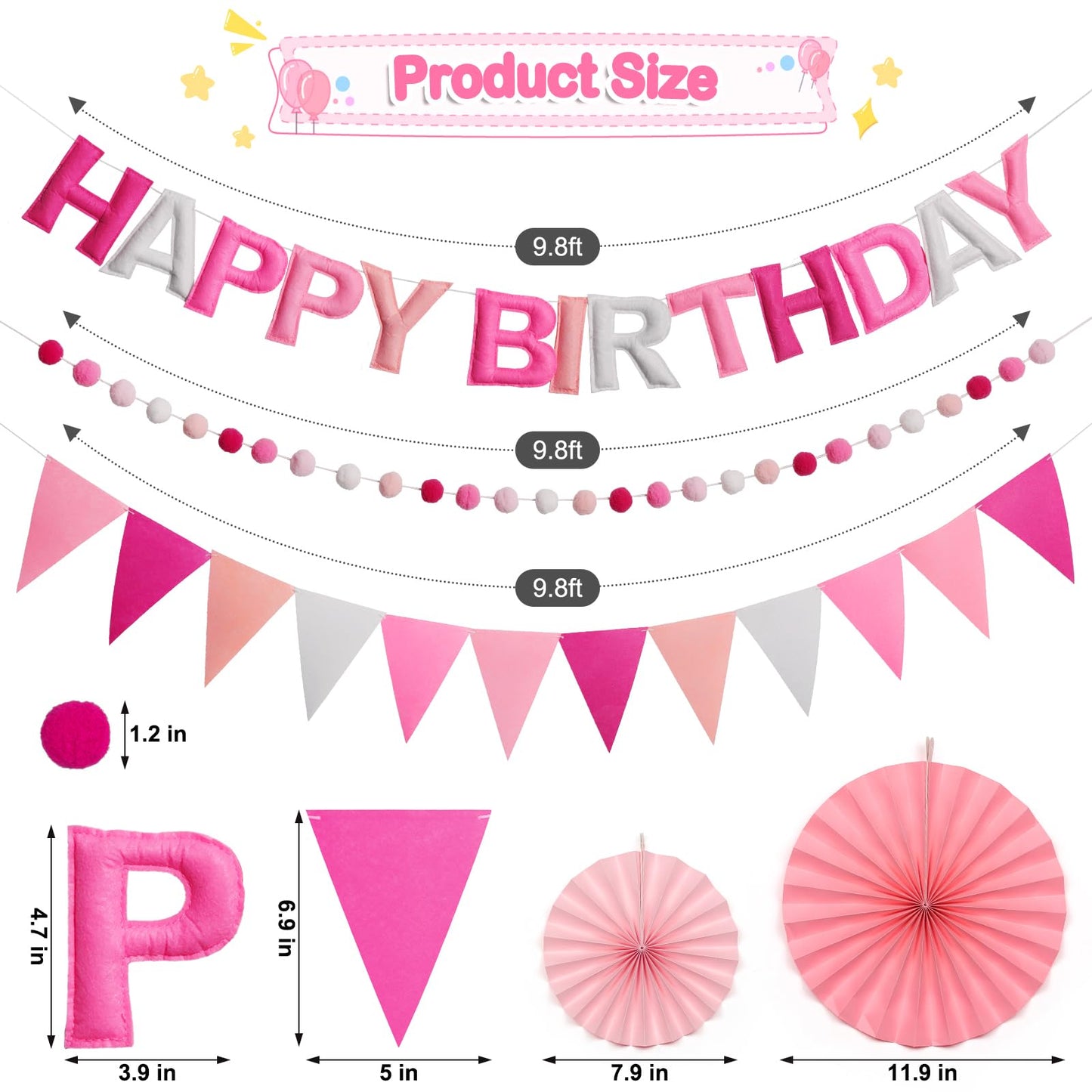 Danadia Pre-Strung Happy Birthday Banner, Reusable Felt Birthday Party Decorations, 3D Effect Happy Birthday Sign with Felt Ball Garland, Pennant Flag, Hanging Paper Fans for Men Women Boy Girls (Pink)