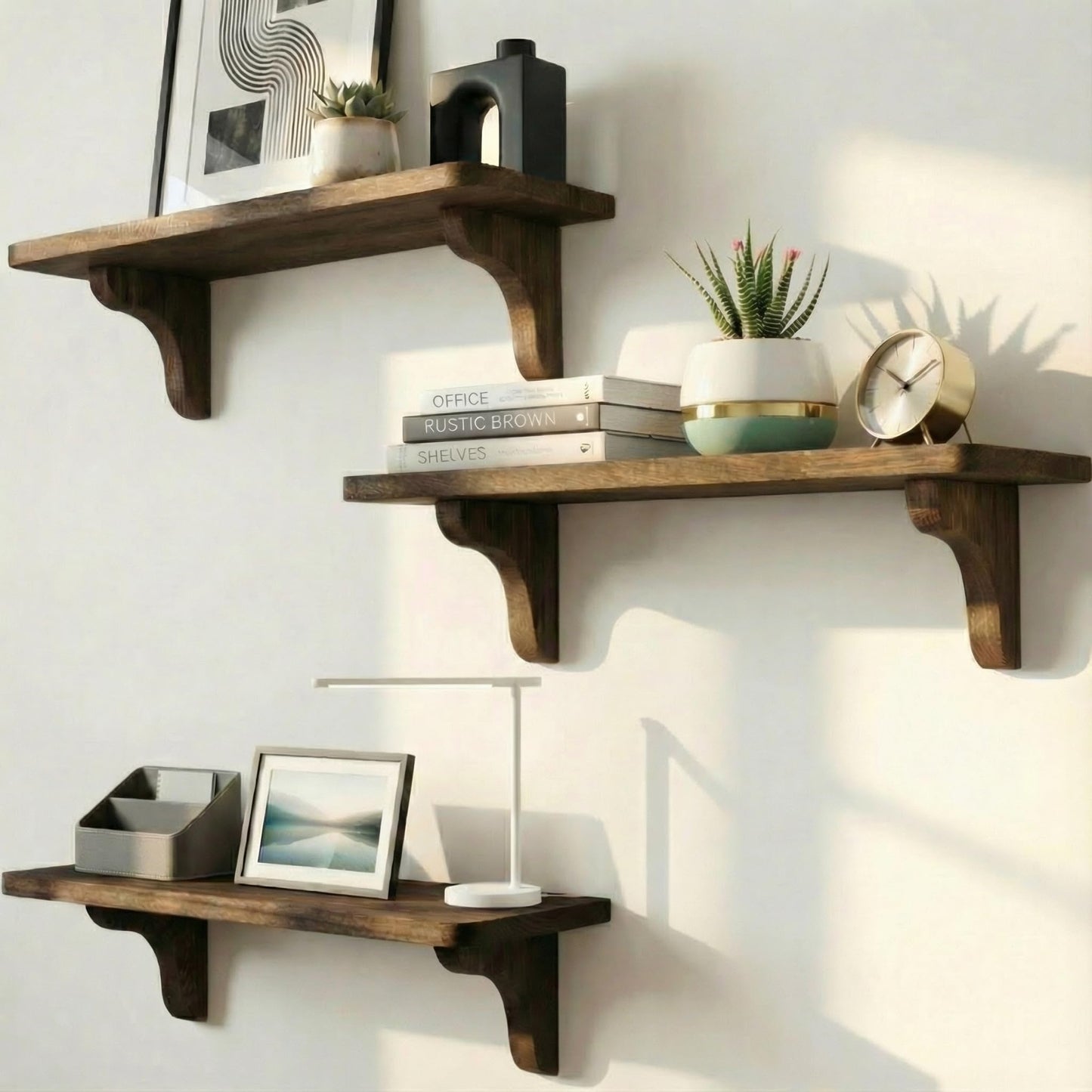 Real Wood Wall Mounted Shelving Rustic Wood Shelves with Brackets - 17 inch (3 Pack) - Easy to Install, Template and Video Included - Wide Brown Shelves for Wall