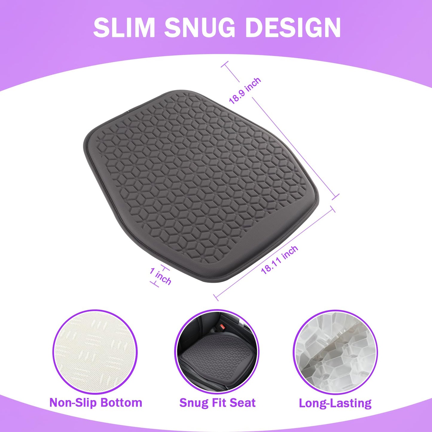 Binsheo Thin Gel Seat Cushion for Car Seat, Office Chair, Wheelchair, Golf Cart - Slim Design Non-Slip Car Seat Cushions with 0.7 Inch Gel - Sciatica & Coccyx Pain Relief (Fabric, Dark Grey)