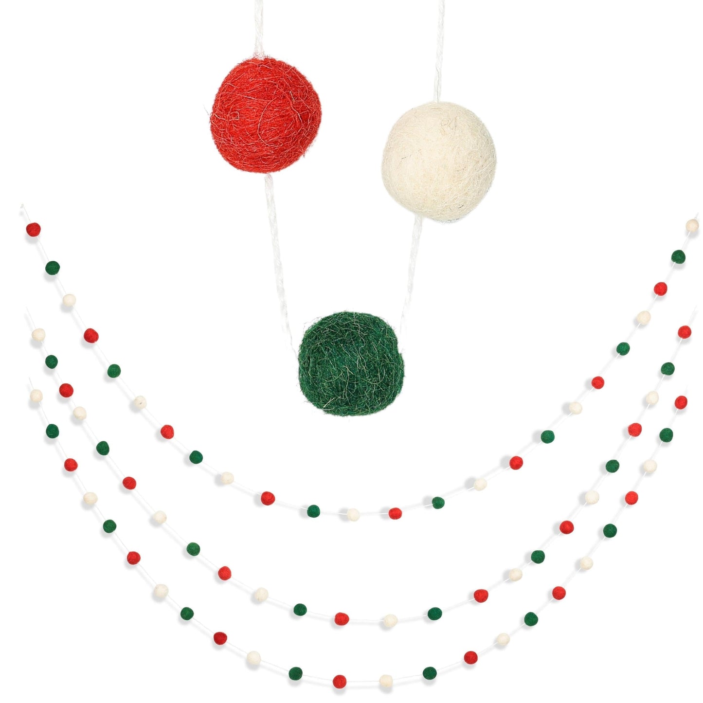 BIRDROCK HOME 3-Pack Felt Garland | 6.5ft or 78in Long Christmas Decoration with 24 Pom Pom Balls in Red, White & Green. Ideal for Trees, Fireplace Mantels, Stairs, Walls & Festive Holiday Decor Ideas