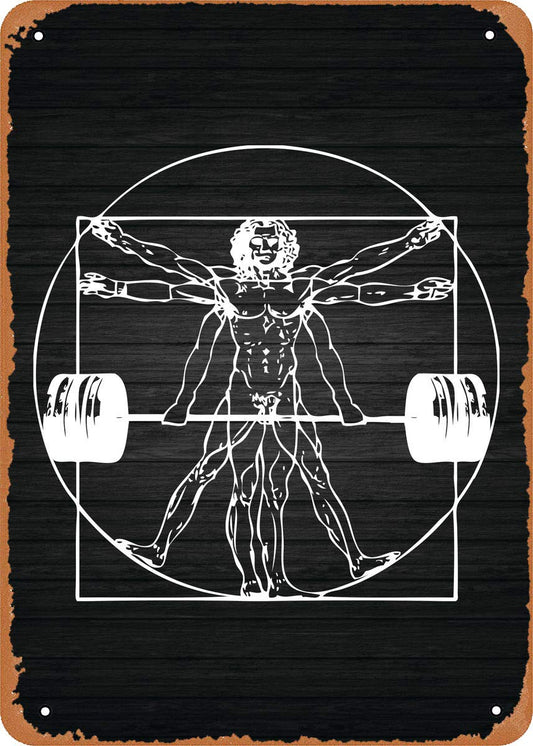 Vintage Look Metal Sign - Gym Motivation Vitruvian Barbell Man - 8"X12" Tin Plate Wall Decor
