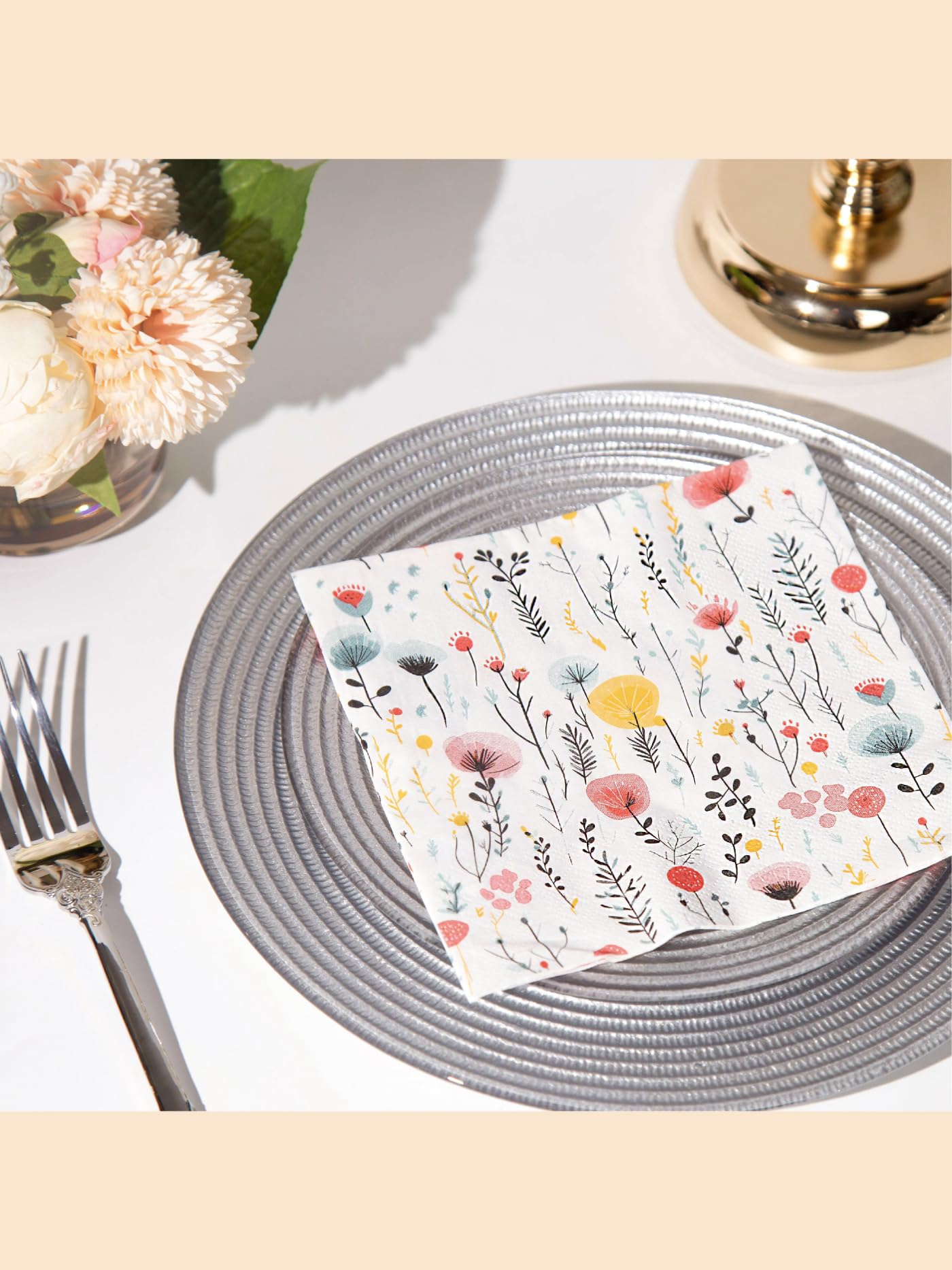 JoyfulArtink Premium Designer Paper Napkins, 3-Ply 6.5 x 6.5-inches Fold Disposable Decorative Lunch Dinner Napkin (01-1.Fresh Bouquet Floral 20-Count, 6.5"x6.5",Luncheon Size)