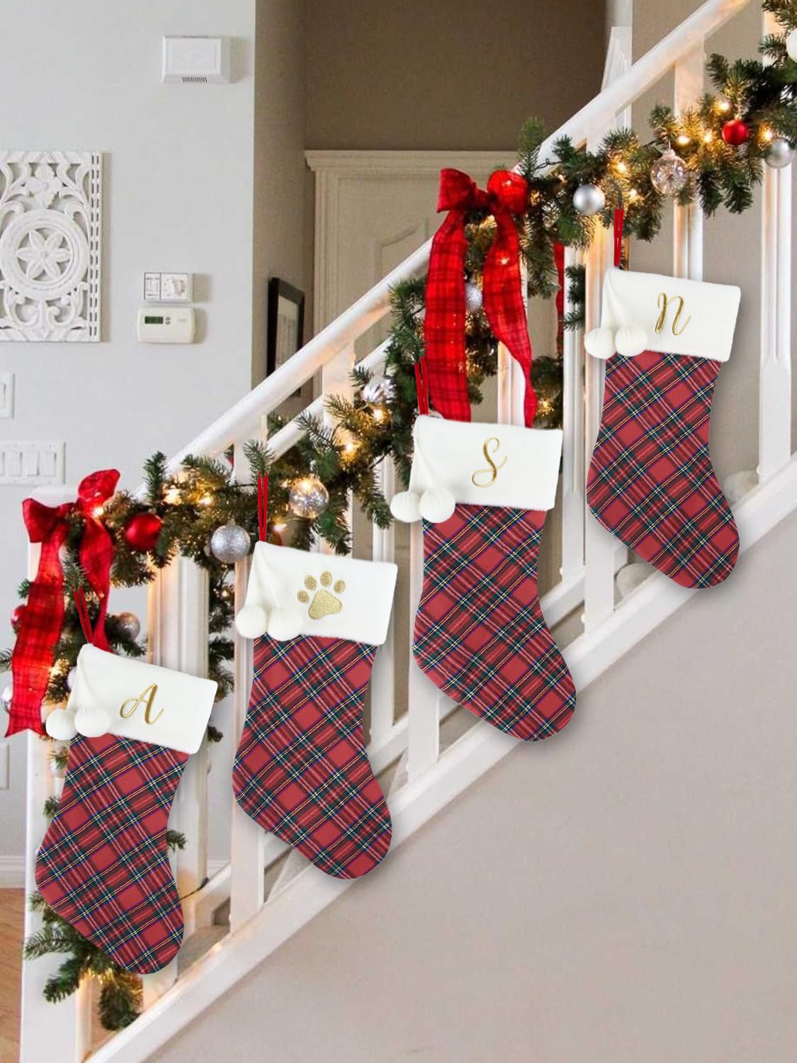 Just Jolly 20" Classic Plaid Christmas Stockings Initial Monogram Embroidered Stockings with Pom Pom Ball for Christmas Fireplace Decor and Xmas Gift (S)