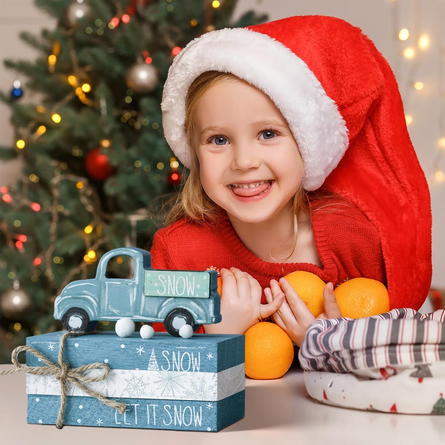 Smile Christmas Wooden Books Stack, Let it Snow Faux Books Bundle, Car Tiered Tray Decorations, for Home Table Mantle Shelf.