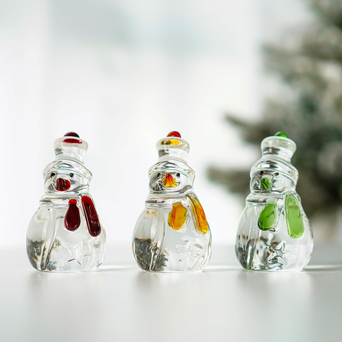 KRISININE Set of 3 Glass Snowman Figurine 1.6''*4.2'' Handmade Snowman Christmas Decorations Indoor for Home Winter Holiday Glass Paperweight Office Table Decor