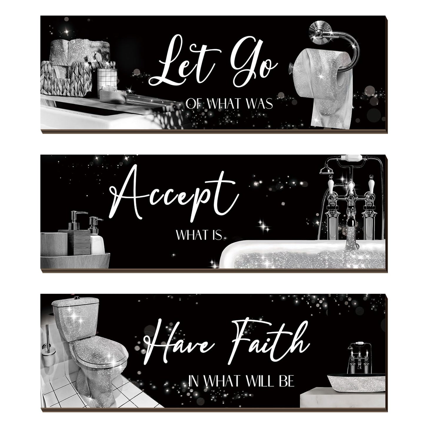 Honoson 3 Pcs Bathroom Decor Wall Art Bathroom Pictures Decor Accept Let Go Have Faith Wood Wall Hanging Sign for Home Spa Laundry 11. 8 x 3. 9 x 0. 2 Inches (Silver)