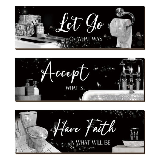 Honoson 3 Pcs Bathroom Decor Wall Art Bathroom Pictures Decor Accept Let Go Have Faith Wood Wall Hanging Sign for Home Spa Laundry 11. 8 x 3. 9 x 0. 2 Inches (Silver)