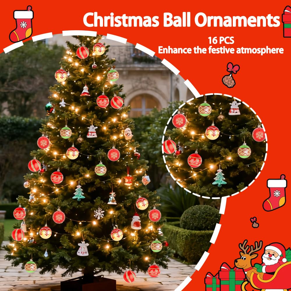 CAVETEE Christmas Ornaments,Glittering Shatterproof Traditional Country Hanging Decor for Xmas Holiday Party Christmas Tree Ornaments Party Decorations (16, Red&Green&Gold)
