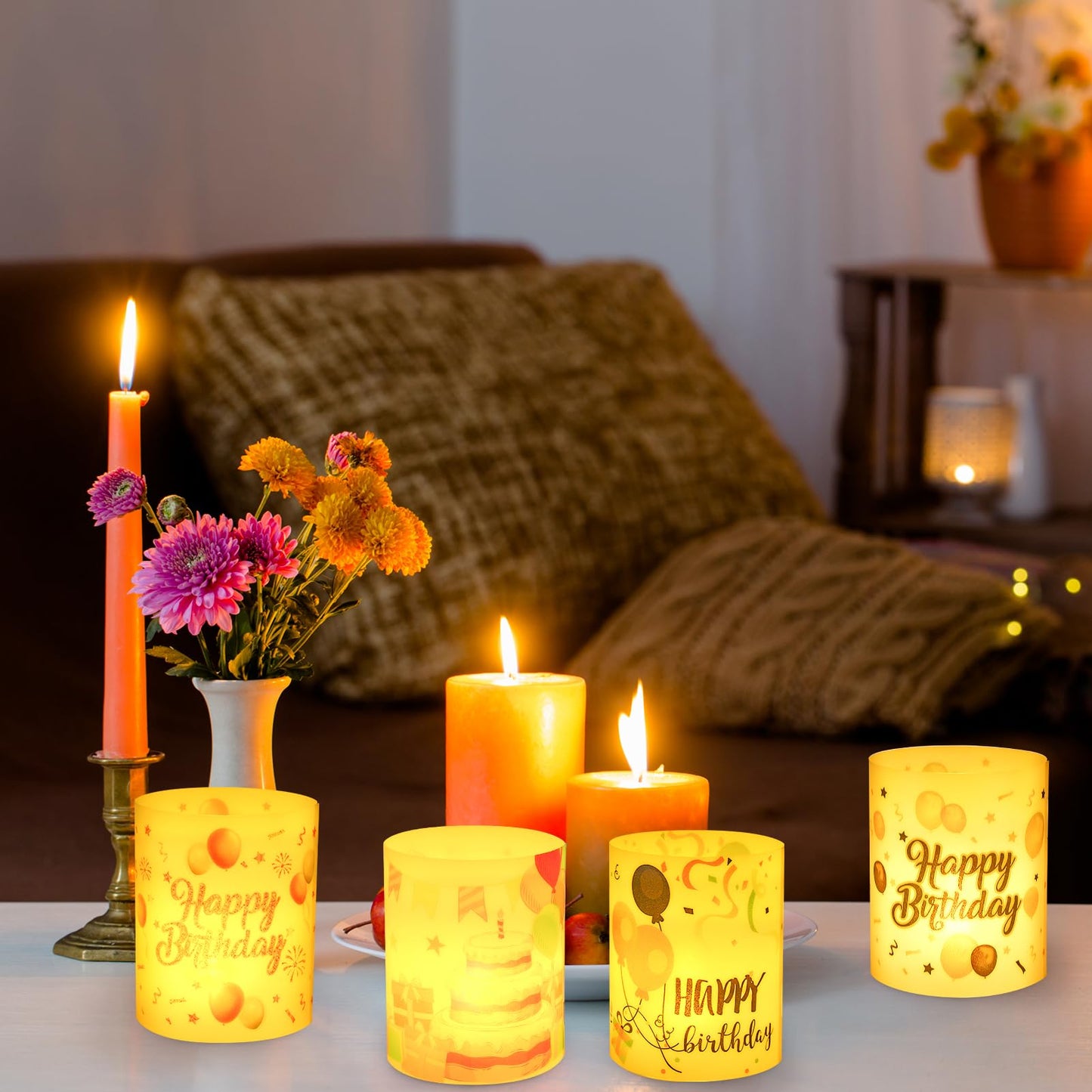 Happy Birthday Table Centerpiece Decorations, 8 Sets Birthday Centerpieces Lantern Boxes & LED Tea Lights, Flameless Votive Candle Holders for Birthday Party, Candle Shade Cover Sleeve for Home Office