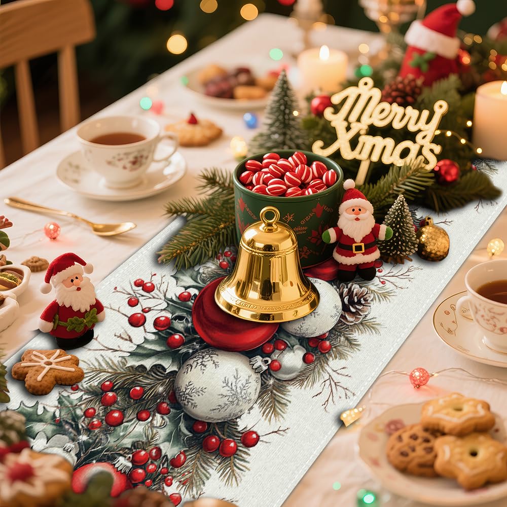 Christmas Table Runner, Seasonal Winter Kitchen Table Decoration, Suitable for Winter Christmas Family Gathering Indoor 13x72 inches (13x72 inches, Red and White Bell)
