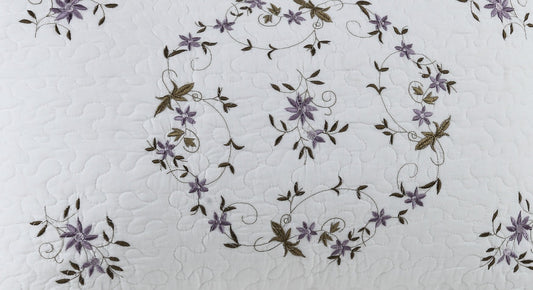Gwen Embroidered Floral Quilted Bedspread, Lightweight Breathable All Seasons Bedding, King Size, White/Purple
