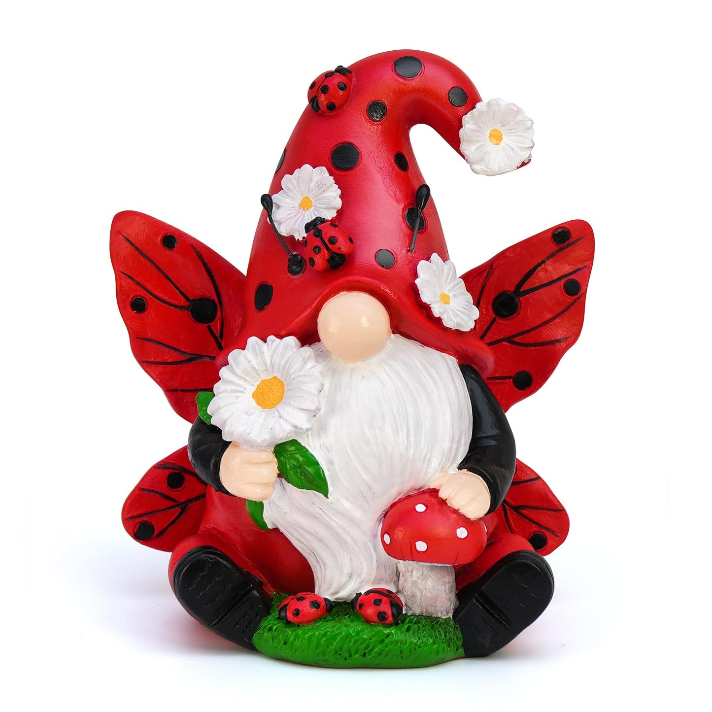 KnomeKo Ladybug Gnome Garden Decor, Fairy Gnome Figurine with Flowers, Spring Summer Outdoor Garden Decorations for Yard Lawn Patio, Garden Gifts for Women