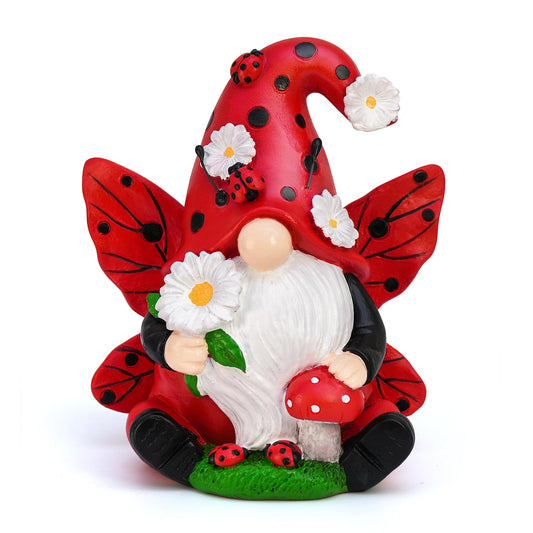 KnomeKo Ladybug Gnome Garden Decor, Fairy Gnome Figurine with Flowers, Spring Summer Outdoor Garden Decorations for Yard Lawn Patio, Garden Gifts for Women